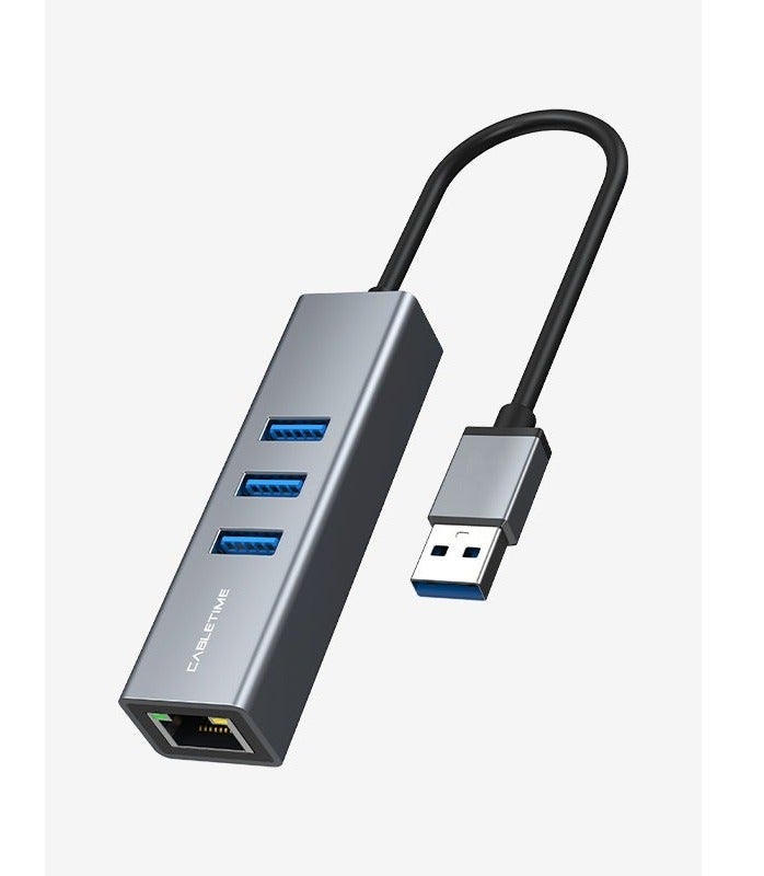 كابل تايم محول كابل CABLETIME USB 3.0 متعدد المنافذ مع منفذ جيجابت إيثرنت RJ45 وموصلات USB متعددة بسرعة 5 جيجابت في الثانية و1000 ميجابت في الثانية، مصنوع من الألومنيوم، مخصص لأجهزة الكمبيوتر المحمولة والمكتبية المزودة بمنفذ USB-A - Image 1