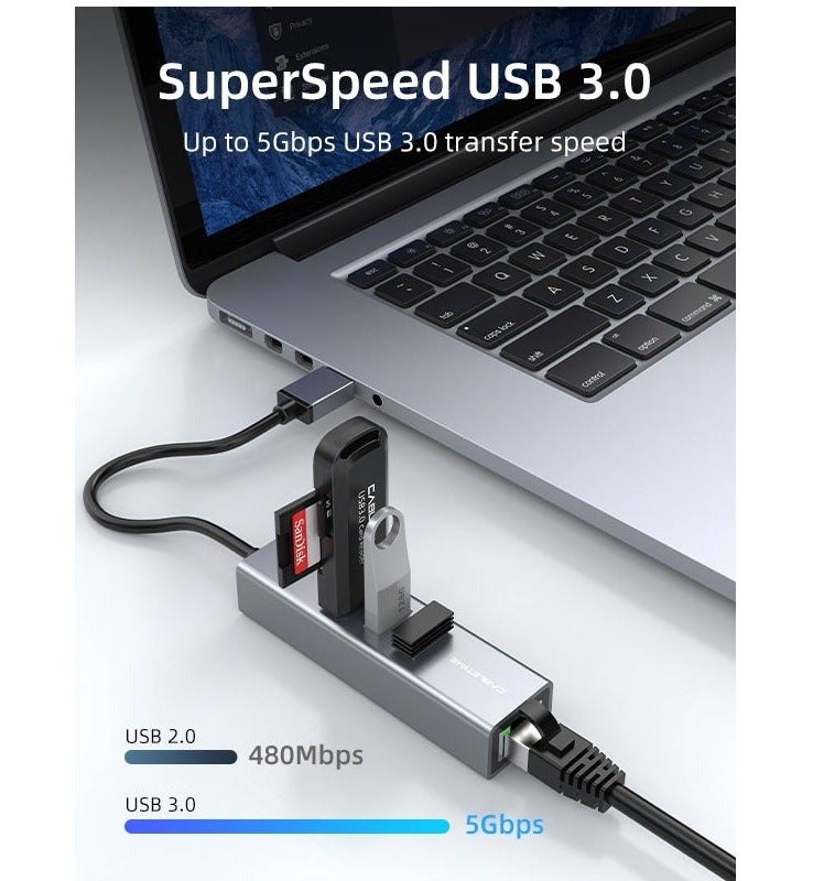 كابل تايم محول كابل CABLETIME USB 3.0 متعدد المنافذ مع منفذ جيجابت إيثرنت RJ45 وموصلات USB متعددة بسرعة 5 جيجابت في الثانية و1000 ميجابت في الثانية، مصنوع من الألومنيوم، مخصص لأجهزة الكمبيوتر المحمولة والمكتبية المزودة بمنفذ USB-A - Image 2