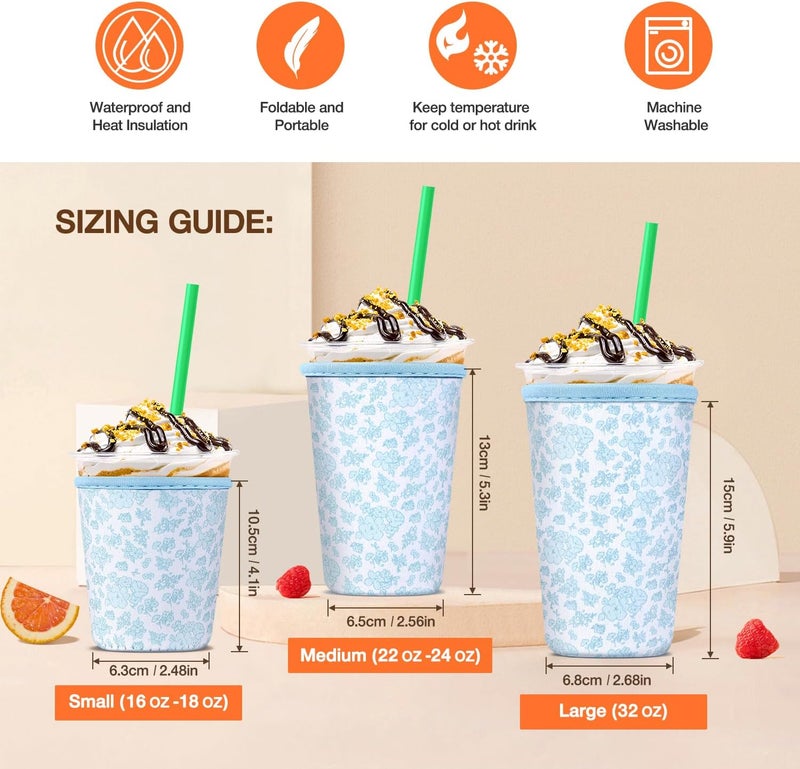 كي بي اكس Iced Coffee Cup Sleeve for Large Sized Cups, Reusable Neoprene Iced Coffee Cup Holder for Hot Cold Drinks, Compatible with Starbucks, Dunkin Donuts, and More (Blue Floral Print) - Image 2