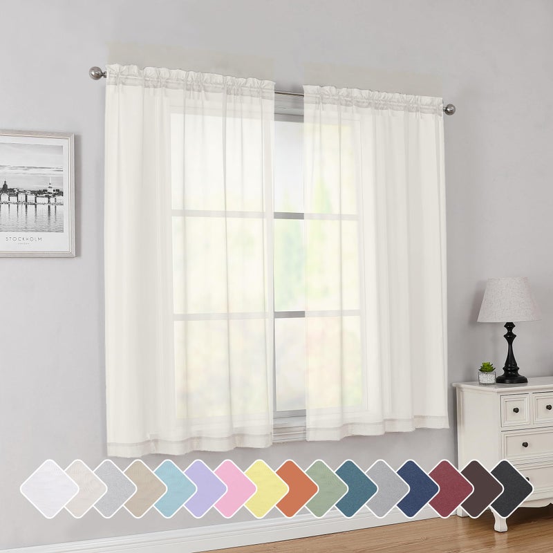 Simplebrand Ivory Short Sheer Curtains 45 Inch Length for Small Windows Rod Pocket 2 Panels Set Solid Voile Drapes Window Sheer Curtains for Bedroom Bathroom Kids Room Kitchen 42x45 Inch Ivory