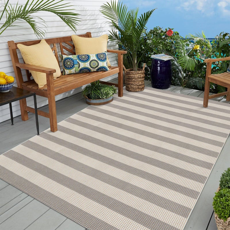 OJIA Striped Outdoor Area Rug 5'x7' Outdoor Rug, Washable Patio Rug Farmhouse Cotton Woven Bedroom Rugs Indoor Outdoor Rugs Living Room Carpet for Dining Room Deck Backyard Camping (Blue/White/Tan) - Image 1