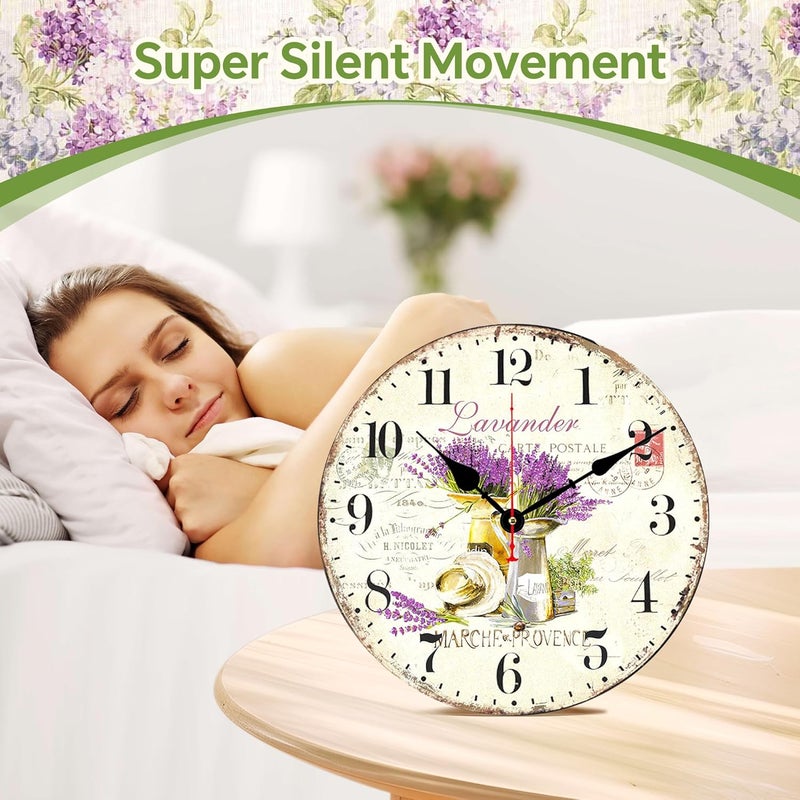 TAHEAT ساعة حائط لافندر، ساعات مطبخ زهرية صغيرة غير تقليدية على طراز بروفانس، ساعات حائط ريفية جميلة للصالة/غرفة النوم/الحمام/المكتب، مقاس 8 بوصة - Image 3