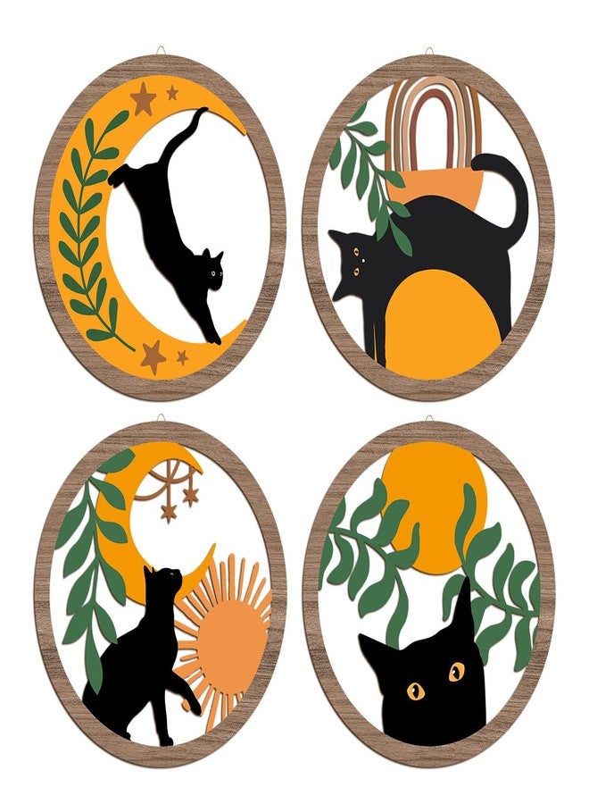 XFN 4PCs 3D Boho Cat Hanging Wooden Wall Art Wall Decor, Botanical Wall Decor Bohemian Decor, Cat Lover Gifts, Wooden Sign Wood Art Wood Plaque Home Decor for Living Room Bedroom Farmhouse Kitchen - Image 1