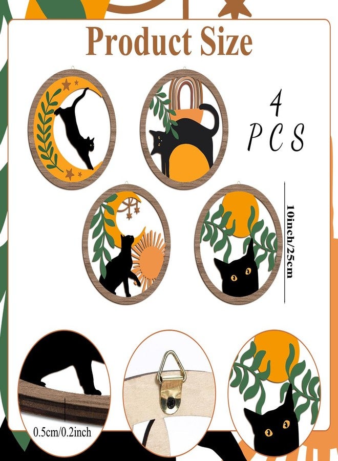 XFN 4PCs 3D Boho Cat Hanging Wooden Wall Art Wall Decor, Botanical Wall Decor Bohemian Decor, Cat Lover Gifts, Wooden Sign Wood Art Wood Plaque Home Decor for Living Room Bedroom Farmhouse Kitchen - Image 2