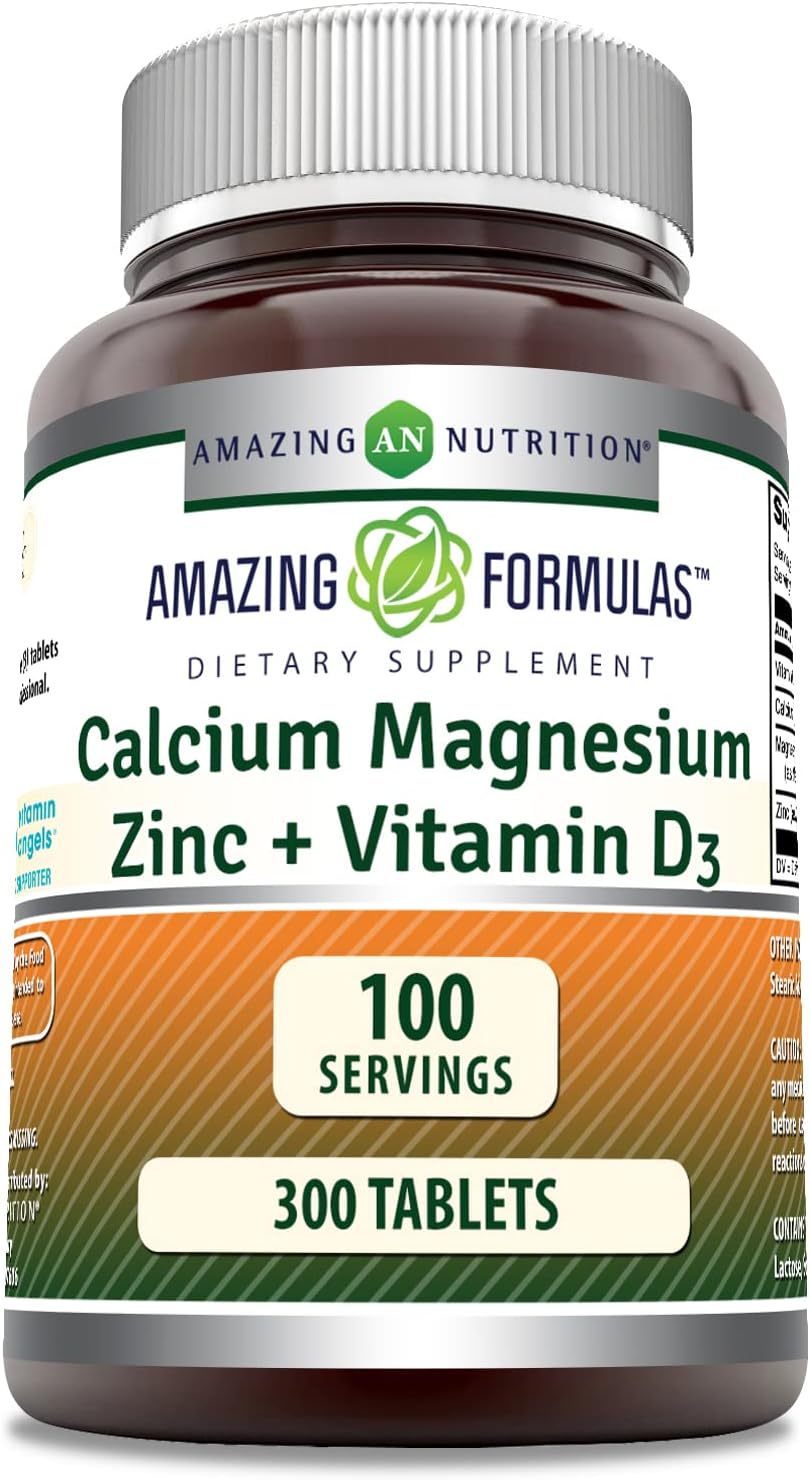 Amazing Formulas Calcium Magnesium Zinc D3 300 Tablets Per Bottle Supplement Calcium 1000mg Magnesium 400mg Zinc 25mg Plus Vitamin D3 600 IU Per Serving of 3 Tablets