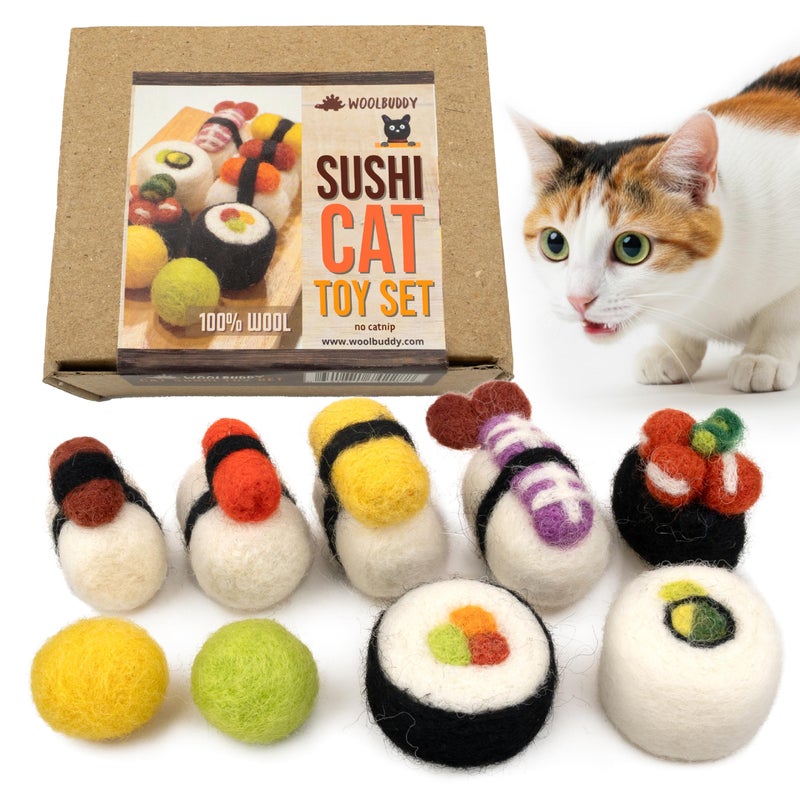 Woolbuddy Sushi Cat Toy Set Wool Felt Interactive Toys for Indoor Cats Kittens CatnipFree Durable Cute Enrichment Toys for Bored Cats Natural Wool Dental Hunting Play Small 9 Pcs - Image 2