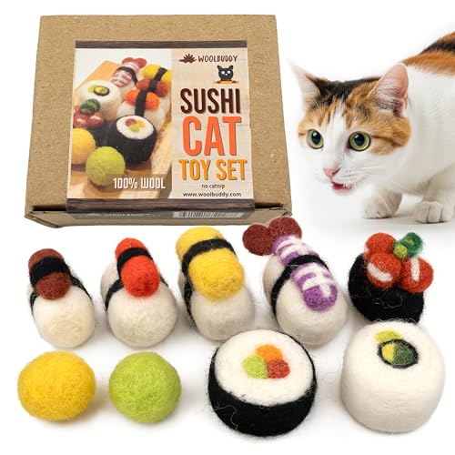 Woolbuddy Sushi Cat Toy Set Wool Felt Interactive Toys for Indoor Cats Kittens CatnipFree Durable Cute Enrichment Toys for Bored Cats Natural Wool Dental Hunting Play Small 9 Pcs - Image 1