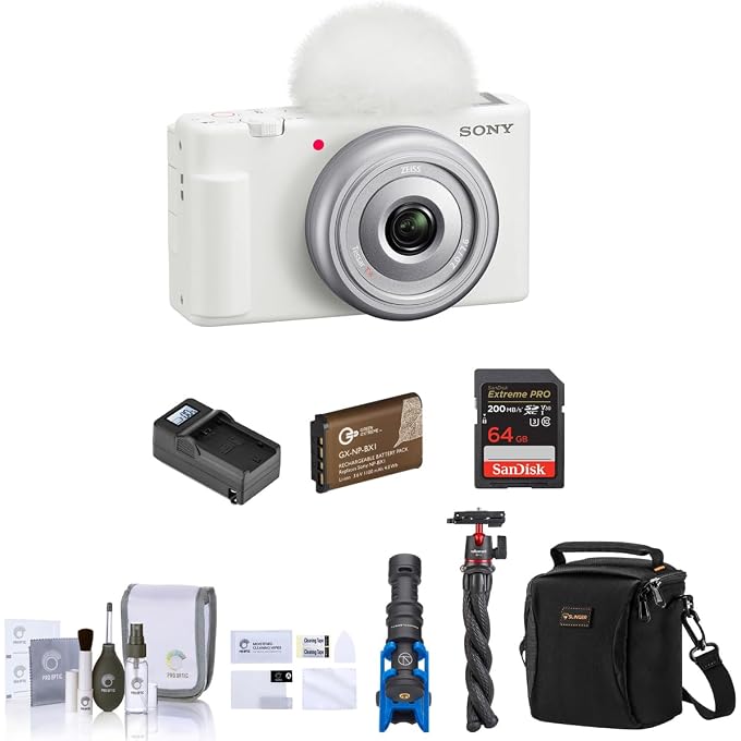 Sony ZV-1F Vlogging Camera, White Bundle with 64GB SD Card, Shoulder Bag, Shotgun Mic, Tripod, Extra Battery, Charger, Cleaning Kit - Image 1