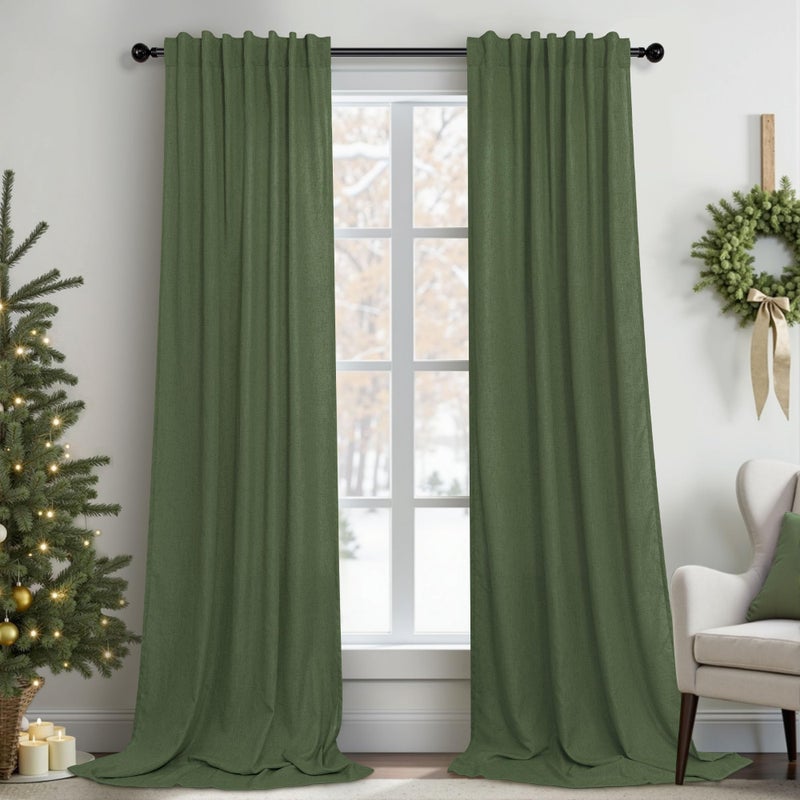 Pitalk Olive Green Curtains 102 Inch Length for Living Room 2 Panels Back Tab Pocket Linen Sheer Semi Light Weight Breathable Airy Flowy Loden Green Boho Curtain for Bedroom Bay Window 8.5 FT Long - Image 1