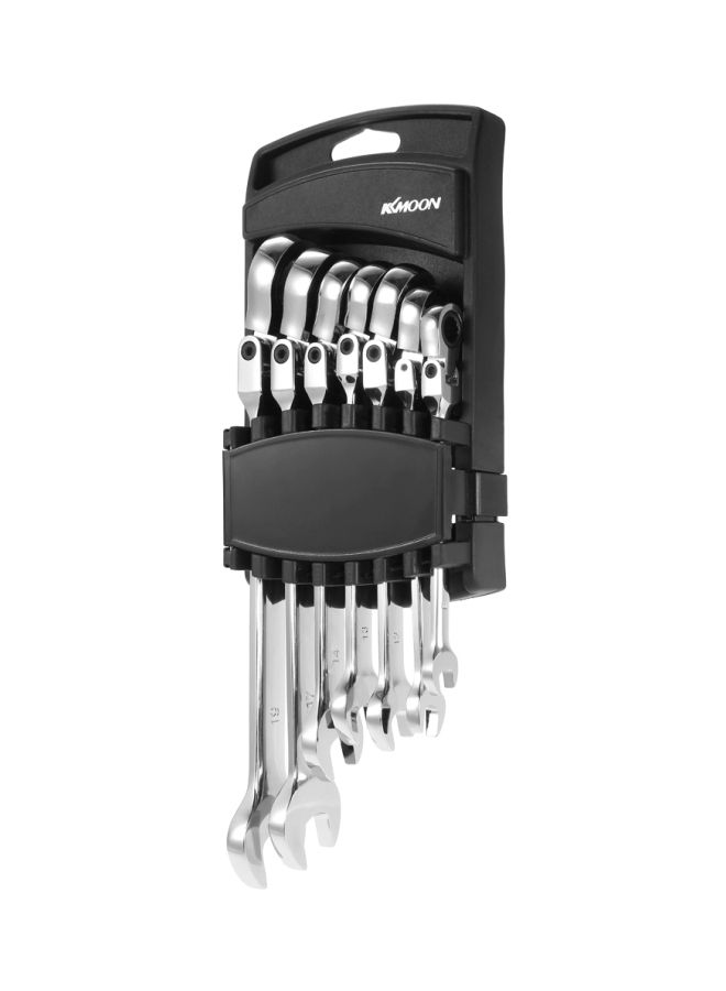 NIBEMINENT 7-Piece Double-Ended Ratchet Spanner Open-Ended Wrench Set Silver - Image 1