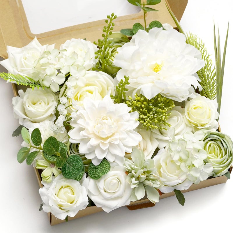 Piklado Artificial Flower Combination Box Set Artificial Flower Loose Leaves and Stems DIY Wedding Center Bouquet Bride Wedding Baby Showerï¼ˆWhiteï¼‰ - Image 1