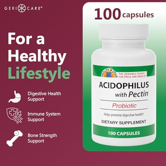 GeriCare Acidophilus with Pectin Probiotic Capsules, Optimizes Intestinal Flora, Digestive Gut Function, Boosts Immune Defenses, and Strengthens Bones, 100 Count (Pack of 1) - Image 2
