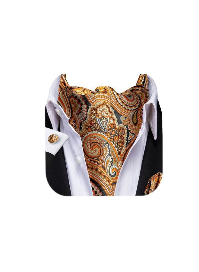 Dubulle Mens Orange Paisley Cravats Silk Orange Ascot Tie for Men Pocket Square Set Cufflinks Wedding Party Gathering - Image 1