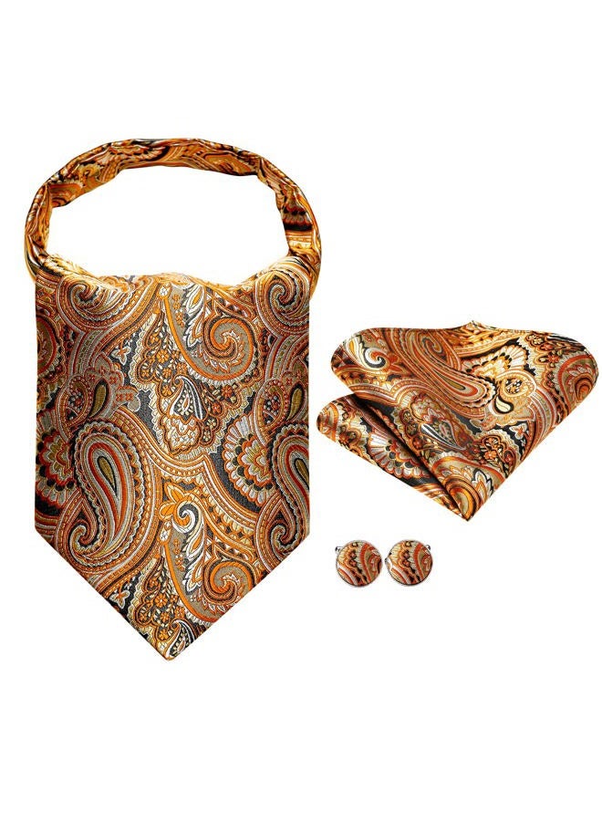 Dubulle Mens Orange Paisley Cravats Silk Orange Ascot Tie for Men Pocket Square Set Cufflinks Wedding Party Gathering - Image 3