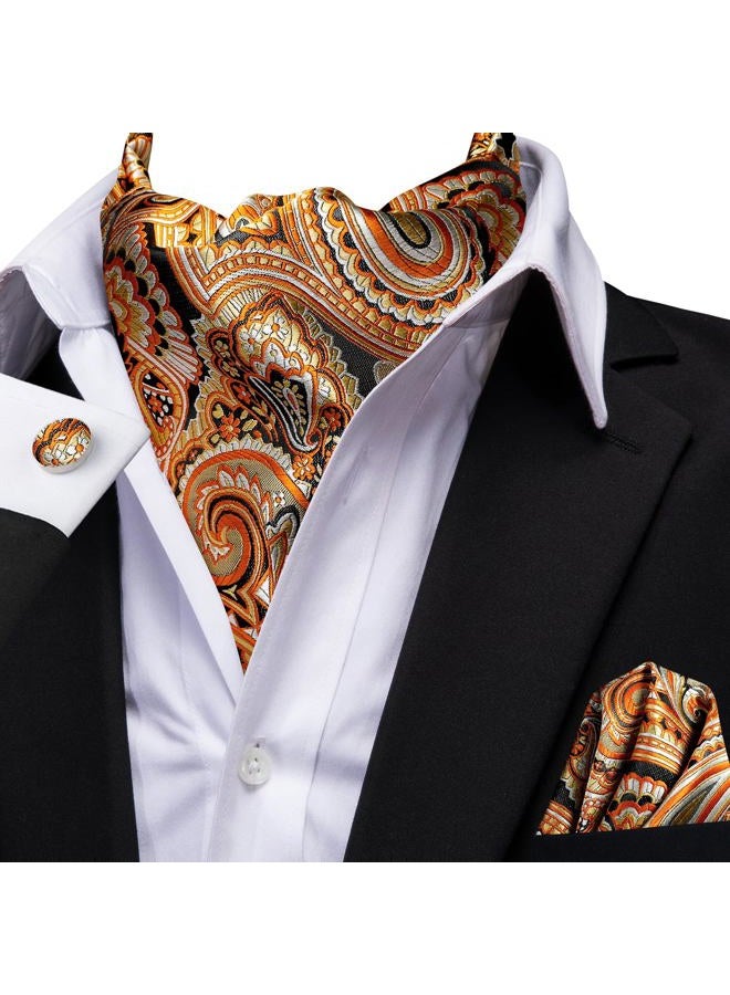 Dubulle Mens Orange Paisley Cravats Silk Orange Ascot Tie for Men Pocket Square Set Cufflinks Wedding Party Gathering - Image 2