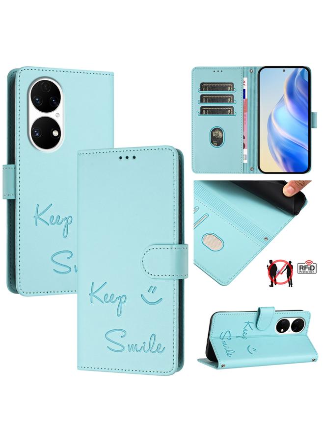 Zaboon For Huawei P50 Pro Smile Embossing RFID Leather Phone Case(Mint Green)