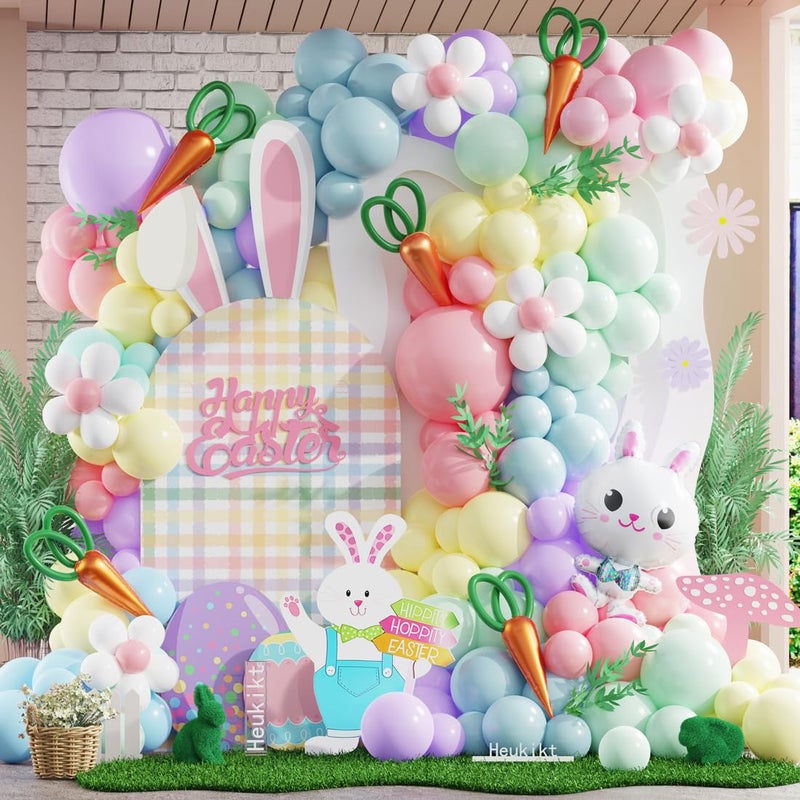 Heukikt Easter Balloon Arch Garland kit 167pcs Pastel Macaron Pink Purple Mist Green Blue Latex Balloons with Rabbit Carrot Foil Balloon for Hello Spring Easter Birthday Daisy Flower Party Decoration - Image 1