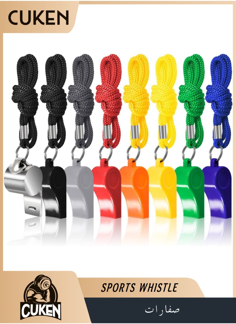 Cuken 8 Packs Sports Whistle Coaches Referee Whistles with Lanyards, 7 Colorful Plastic and 1 Stainless Steel Whistles for Football Sports Training Various School Sports Competitions Coaches Referees  - Image 1