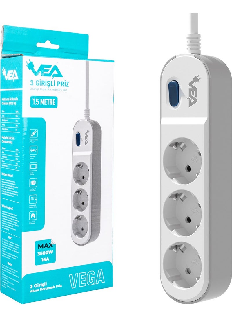 VEA - VE-VEGA103 A Class 3-way Switched 1.5 Meter Surge Protected Group Socket (Made In Malaysia) - Image 1