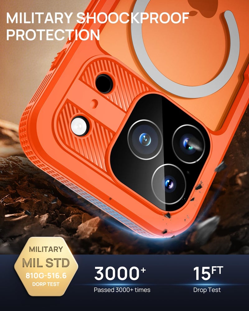 Lanhiem Magnetic for iPhone 17 Pro Max Case, IP68 Waterproof, Dustproof, Compatible with Magsafe, Built-in Screen Protector, Full Body, Heavy Duty, Rugged Phone Cover, 6.9 inch, Cosmic Orange - Image 4