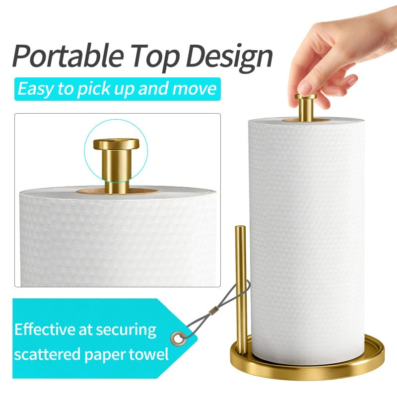 STWWO Paper Towel Holder Countertop, Standing Paper Roll Holder with Anti Slip Weighted Base, Stainless Steel Freestanding Paper Towel Holder for Kitchen, Gold - Image 2