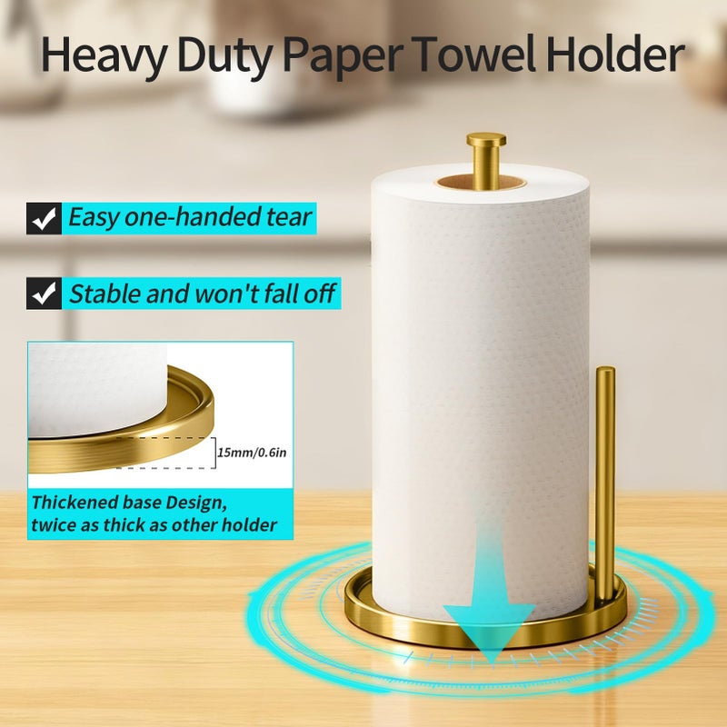 STWWO Paper Towel Holder Countertop, Standing Paper Roll Holder with Anti Slip Weighted Base, Stainless Steel Freestanding Paper Towel Holder for Kitchen, Gold - Image 3