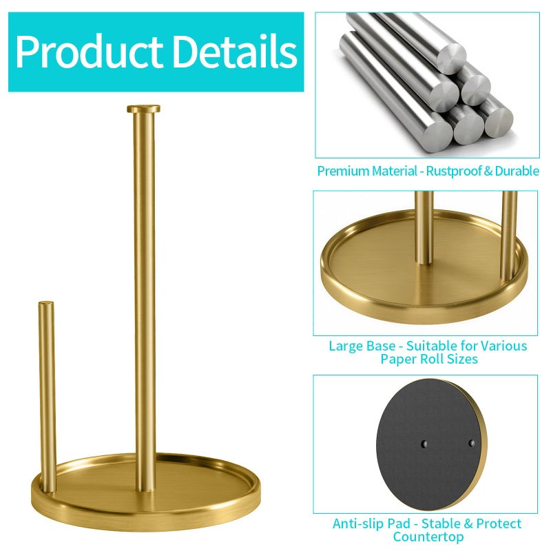 STWWO Paper Towel Holder Countertop, Standing Paper Roll Holder with Anti Slip Weighted Base, Stainless Steel Freestanding Paper Towel Holder for Kitchen, Gold - Image 4