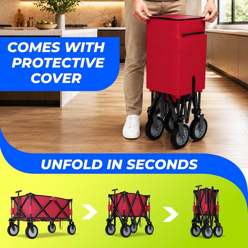 Berrylook Folding Outdoor Garden Trolley with Cover | Multipurpose Collapsible Beach Trolley - Red | 80Kg Foldable Camping Trolley with Adjustable Handle for Outdoor Shopping - Image 2