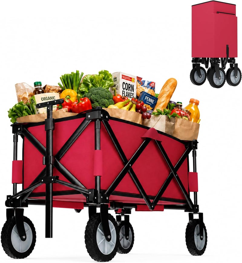 Berrylook Folding Outdoor Garden Trolley with Cover | Multipurpose Collapsible Beach Trolley - Red | 80Kg Foldable Camping Trolley with Adjustable Handle for Outdoor Shopping - Image 1