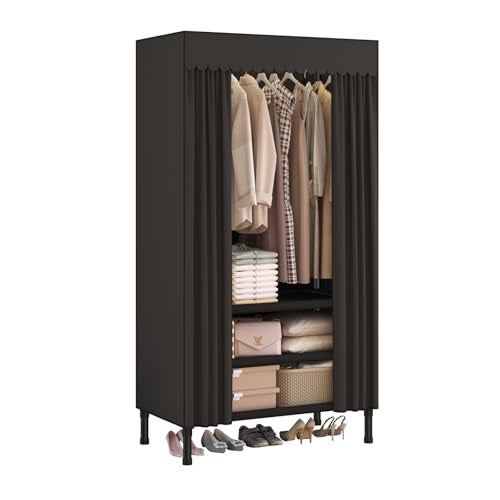WEALTHYHEART Portable Closets for Hanging Clothes,Clothes Rack with Cover,Portable Wardrobe Closet with 1 Hanging Rods, 2 Storage Shelves,27.5" L x 17.7" W x 67.7" H,Black - Image 1