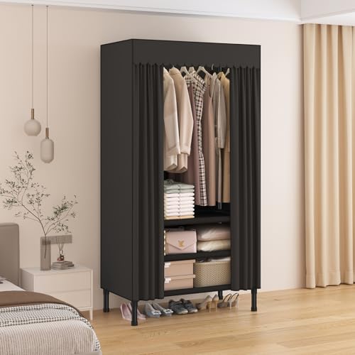 WEALTHYHEART Portable Closets for Hanging Clothes,Clothes Rack with Cover,Portable Wardrobe Closet with 1 Hanging Rods, 2 Storage Shelves,27.5" L x 17.7" W x 67.7" H,Black - Image 2