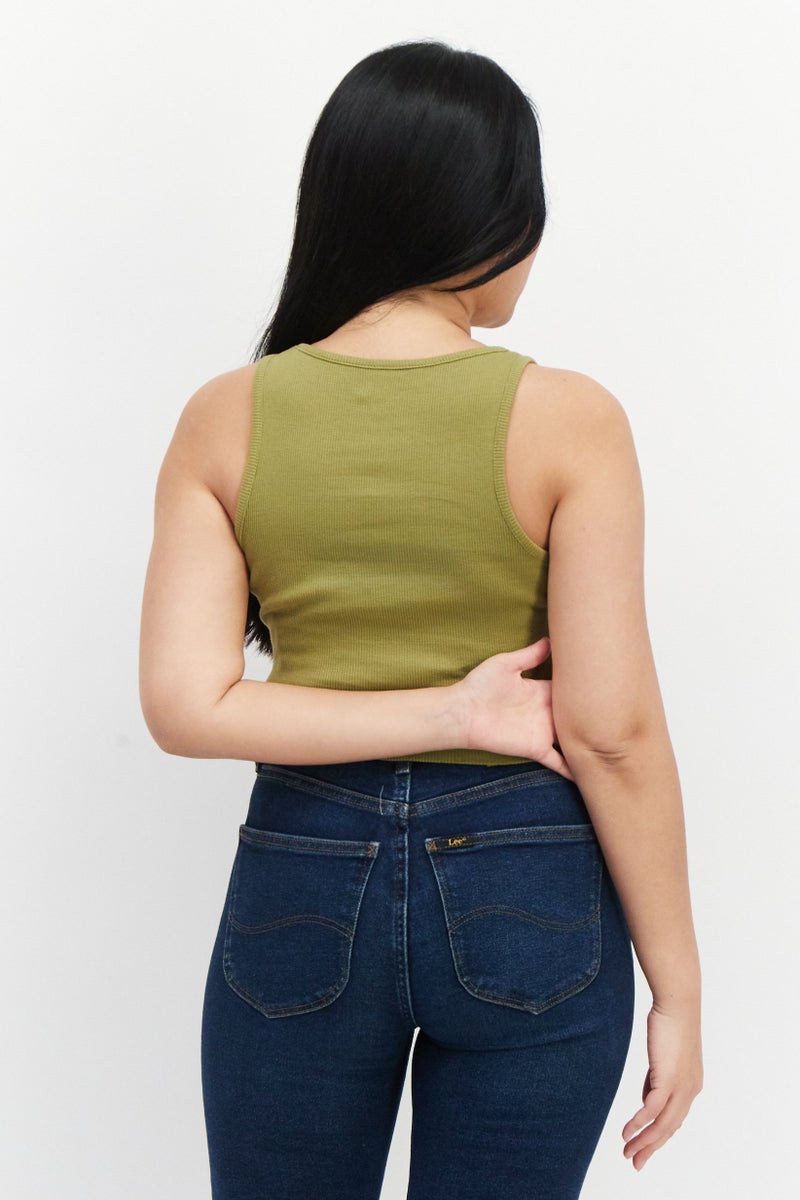 OBEY تي شيرت نسائي بلا أكمام بياقة دائرية، زيتوني - Image 4