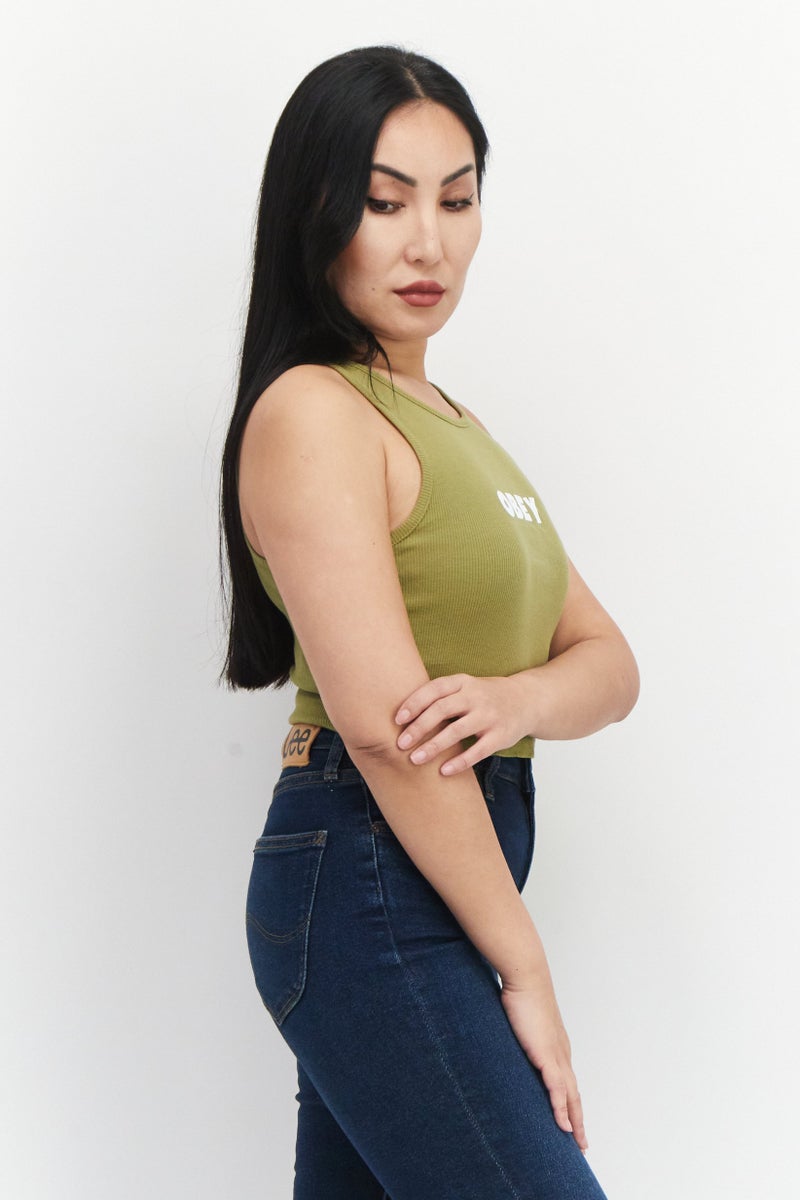 OBEY تي شيرت نسائي بلا أكمام بياقة دائرية، زيتوني - Image 3