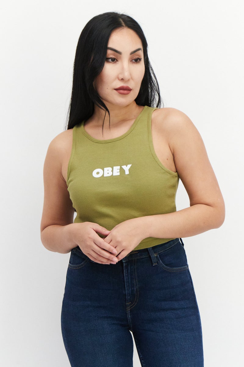 OBEY تي شيرت نسائي بلا أكمام بياقة دائرية، زيتوني - Image 1