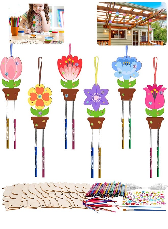 MXN DIY Flower Wind Chime Craft Set for Kids, 12 Pack Wooden Art Kit for Spring and Summer Activities, Perfect for Birthday Decorations and Creative Fun - Image 1