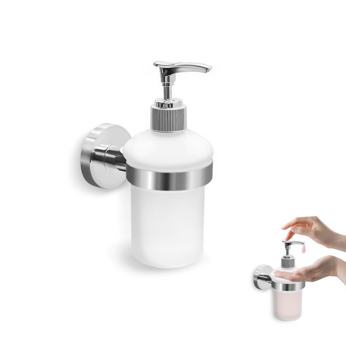 BATHROOM GLASS SOAP DISPENSER WITH CHROME HOLDER WALL MOUNTED