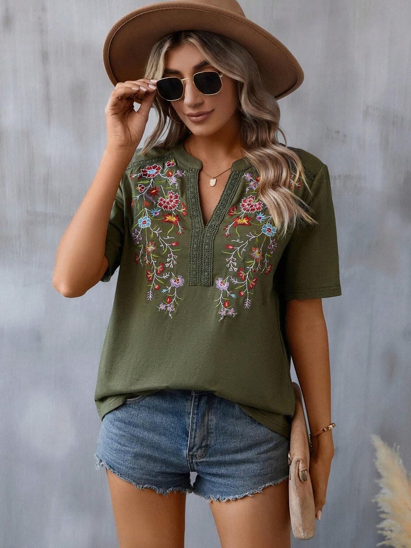 Summer New Fashion Multi-Thread Embroidery Patchwork Lace Trim Top Women's T-Shirt