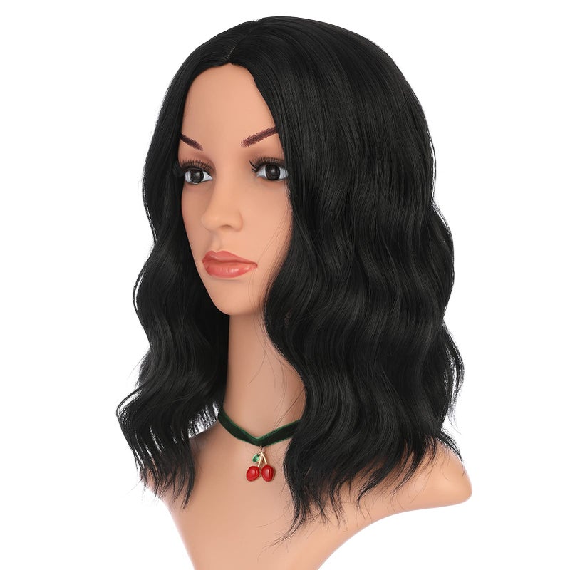 eNilecor Black Wig Short Curly Wavy Bob Wigs for Black Women Natural Middle Part No Bangs Synthetic Shoulder Length Heat Resistant Cosplay Party Costume 14 Inch