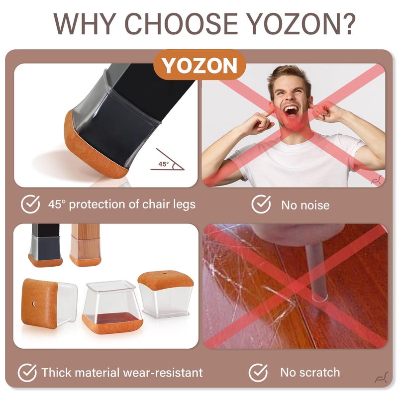 YOZON Chair Leg Floor Protectors Chair Leg Protectors for Hardwood Floors Silicone Caps Felt Strengthen Bottom Protection Anti-Scratch Reduce Noise 16 Pack Clear Square XL Fit:1-1/2" to 1-3/4" (38-44mm) - Image 5