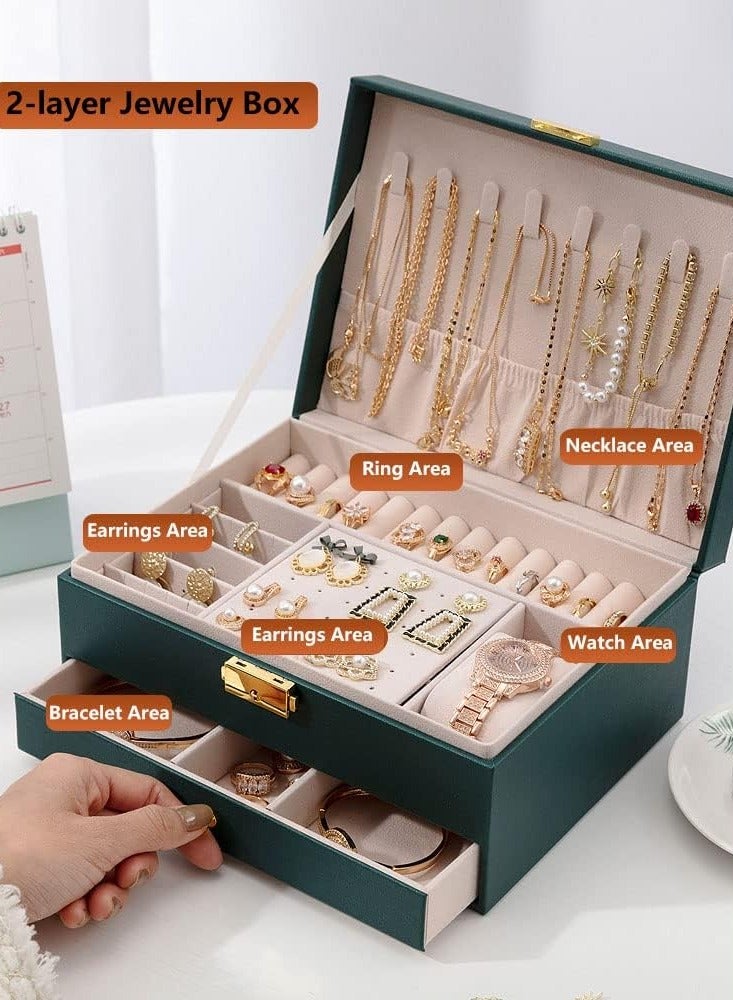Jewelry Box Organizer for Women Girls,2-Layer Jewelry Organizer with Lock and Drawer,Portable Jewellery Holder Removable Grids Tray Storage Case for Earring Rings Necklaces Bracelets Sunglasses  - Image 5