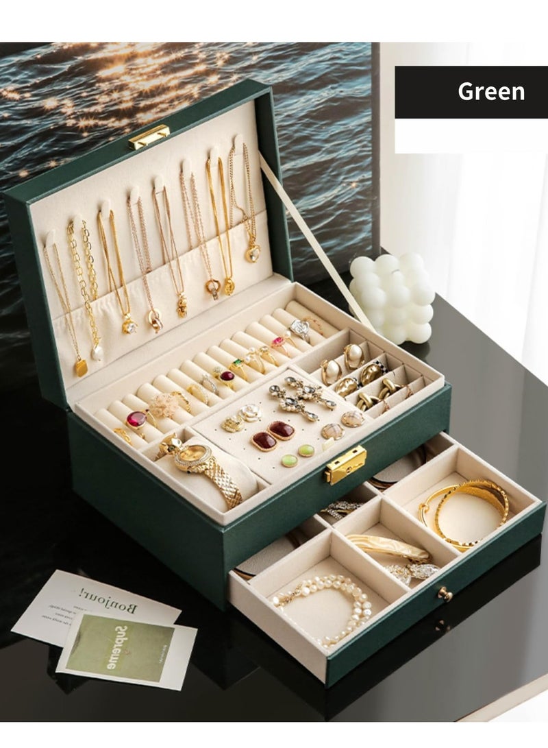 Jewelry Box Organizer for Women Girls,2-Layer Jewelry Organizer with Lock and Drawer,Portable Jewellery Holder Removable Grids Tray Storage Case for Earring Rings Necklaces Bracelets Sunglasses  - Image 3