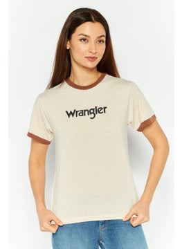 Wrangler Women Crew Neck Short Sleeve Brand Logo T-Shirt, Beige  - Image 1