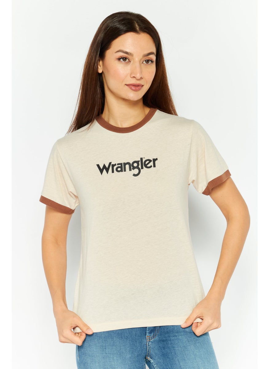 Wrangler - Women Crew Neck Short Sleeve Brand Logo T-Shirt, Beige - Image 1