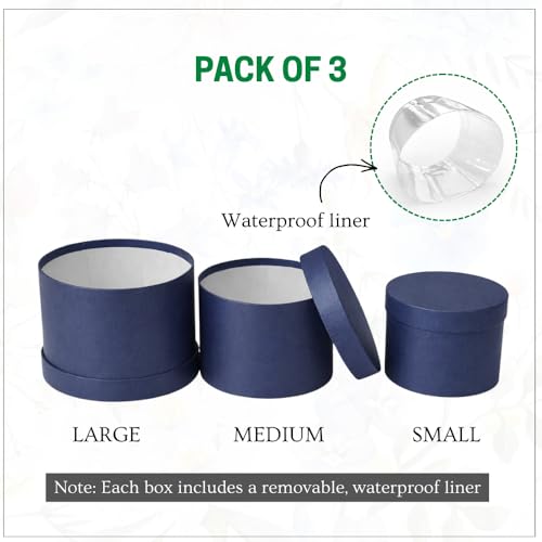 Oasis Pack of 3 Round Gift & Flower Hamper Boxes With Lid | Classic Bouquet Box for Flower Arrangements & Gift Hampers | Plain Decorative Gift Packaging Box With Waterproof Liner - Dark Blue - Image 2
