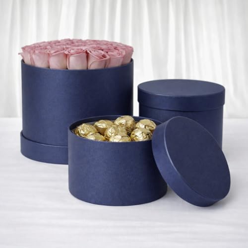 Oasis Pack of 3 Round Gift & Flower Hamper Boxes With Lid | Classic Bouquet Box for Flower Arrangements & Gift Hampers | Plain Decorative Gift Packaging Box With Waterproof Liner - Dark Blue - Image 1