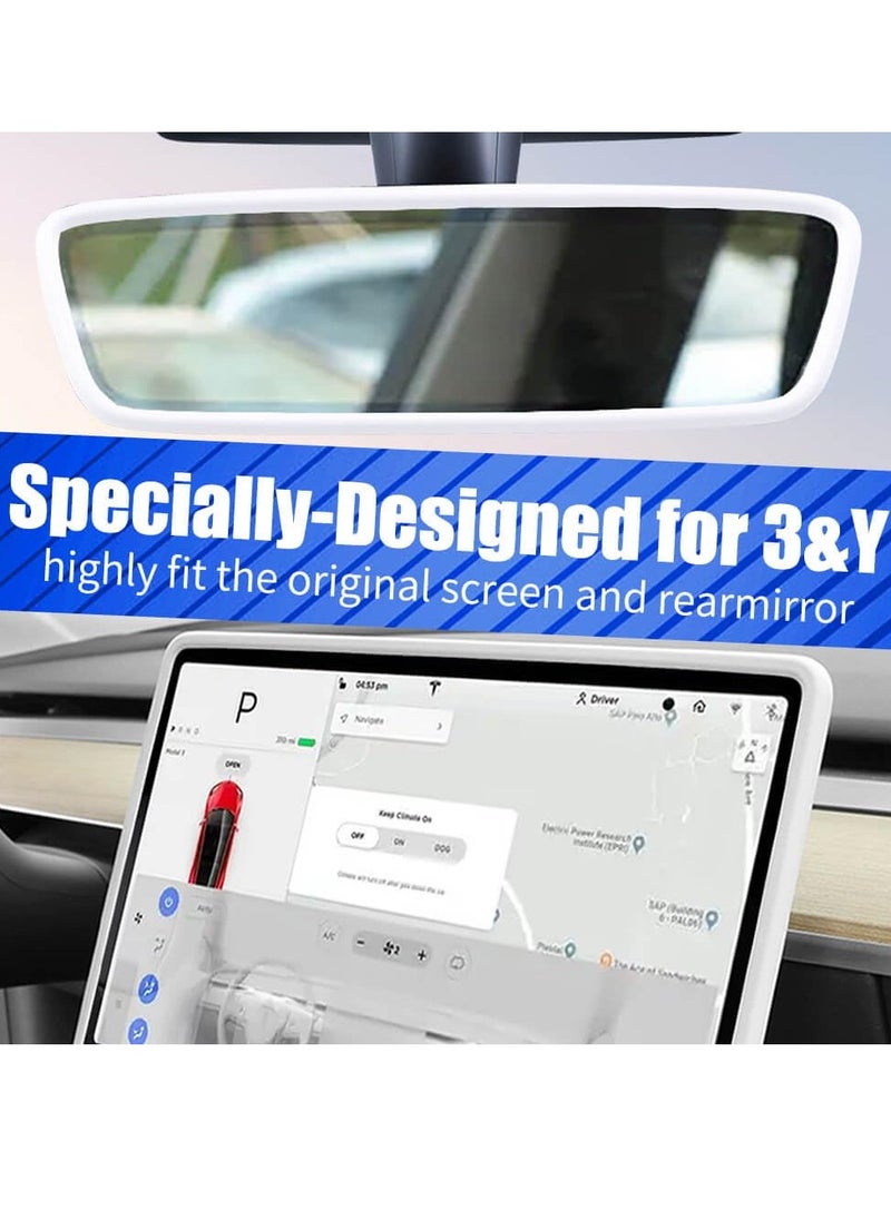 Excefore - 2Pcs Silicone Protector Frames for Tesla Model 3 2017-2024 and Model Y Screen and Rear View Mirror Protection Central Control Display Protective Cover White - Image 1