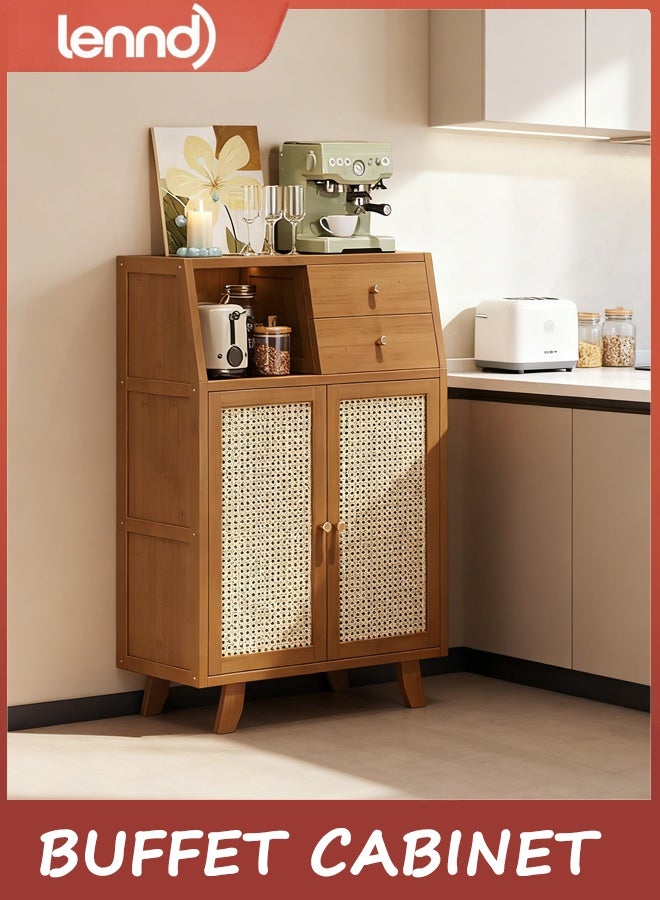 LENND Buffet Cabinet with Storage, Storage Cabinet with Rattan Decor Doors, Accent Sideboard Buffet with Solid Wood Feet, for Hallway, Entry, Living Room, Natural(95x66x32cm/37.4x26x12.6in) - Image 1