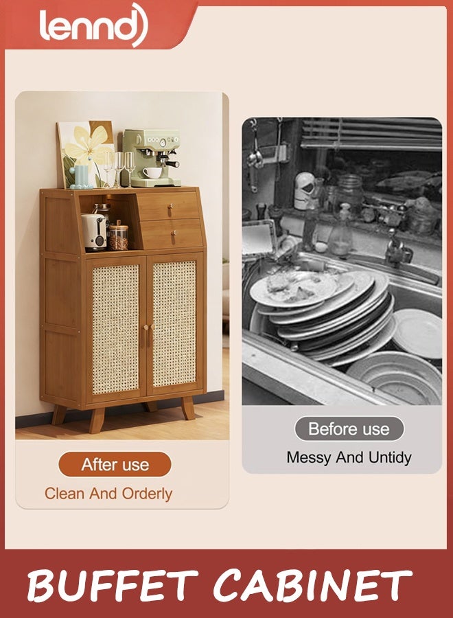 LENND Buffet Cabinet with Storage, Storage Cabinet with Rattan Decor Doors, Accent Sideboard Buffet with Solid Wood Feet, for Hallway, Entry, Living Room, Natural(95x66x32cm/37.4x26x12.6in) - Image 3