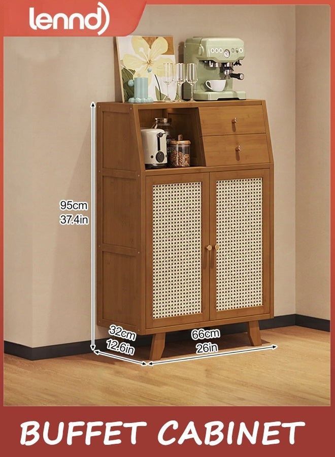 LENND Buffet Cabinet with Storage, Storage Cabinet with Rattan Decor Doors, Accent Sideboard Buffet with Solid Wood Feet, for Hallway, Entry, Living Room, Natural(95x66x32cm/37.4x26x12.6in) - Image 2