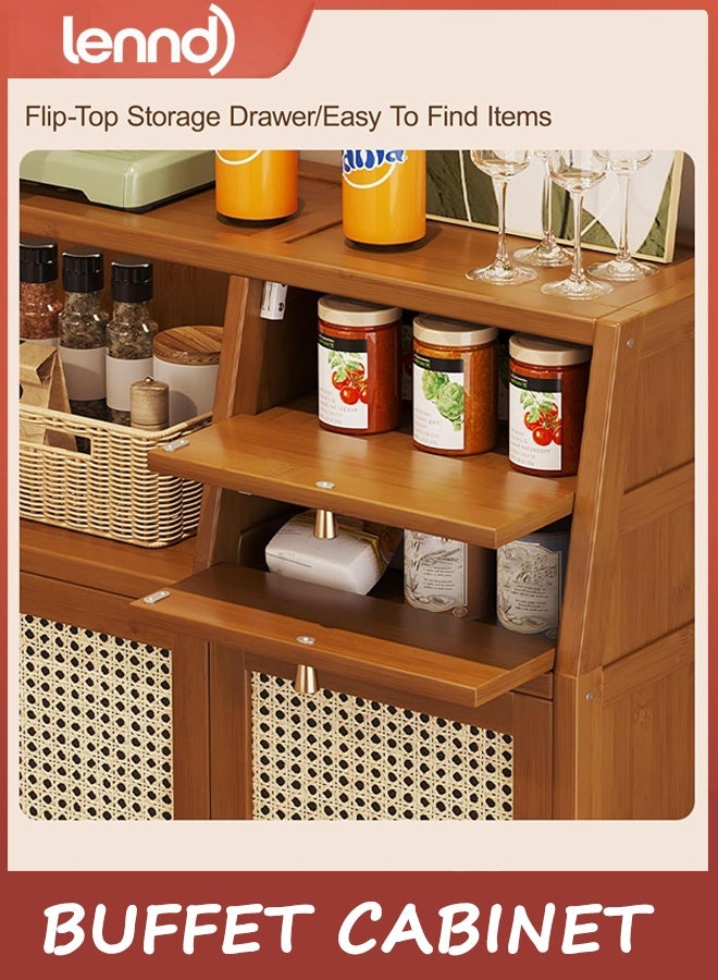 LENND Buffet Cabinet with Storage, Storage Cabinet with Rattan Decor Doors, Accent Sideboard Buffet with Solid Wood Feet, for Hallway, Entry, Living Room, Natural(95x66x32cm/37.4x26x12.6in) - Image 4